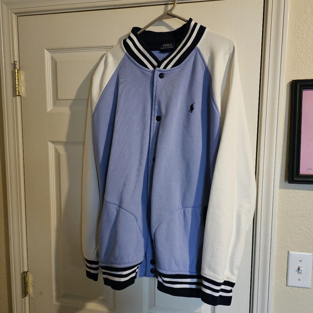 Polo by Ralph Lauren Light Blue and White Varsity Jacket